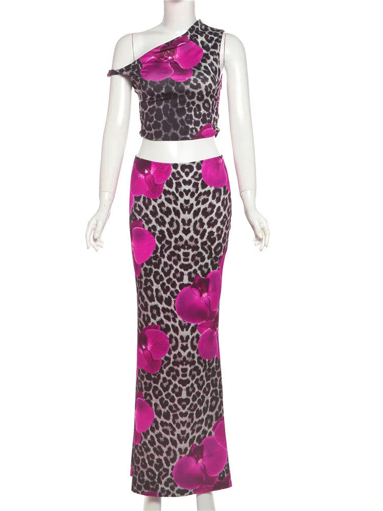 BXOXO Skew Collar 2 Piece Set Flower Leopard Print Women Sleeveless Crop Tops+Skinny Long Skirts Vacation Beach Party Suit