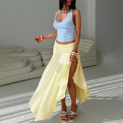 BXOXO Women's Trendy Asymmetrical Skirt Solid Color High Waist Pleated Hem Long Skirt for Travel, Beach, Shopping