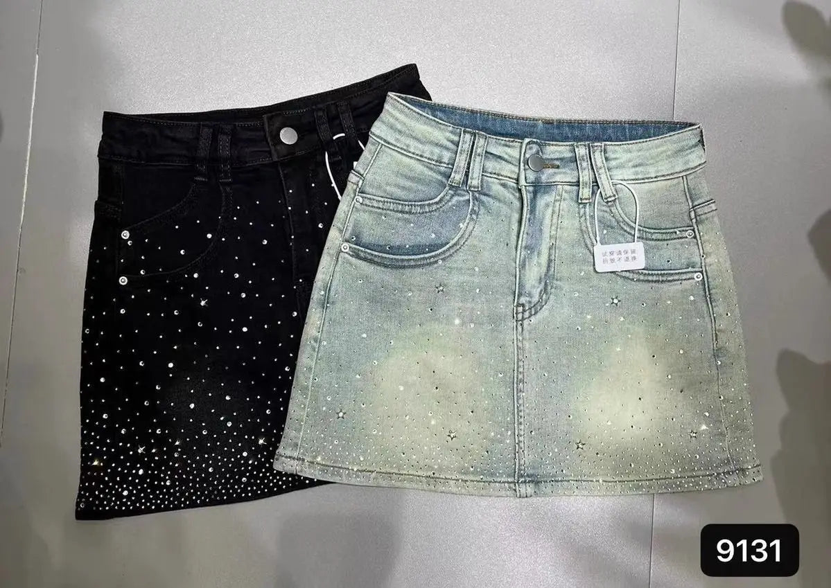 Bxoxo Starry Hot Rhinestone Denim Skirt for Women 2024 Summer New Retro Slimming a-Line Sheath Denim Skirt