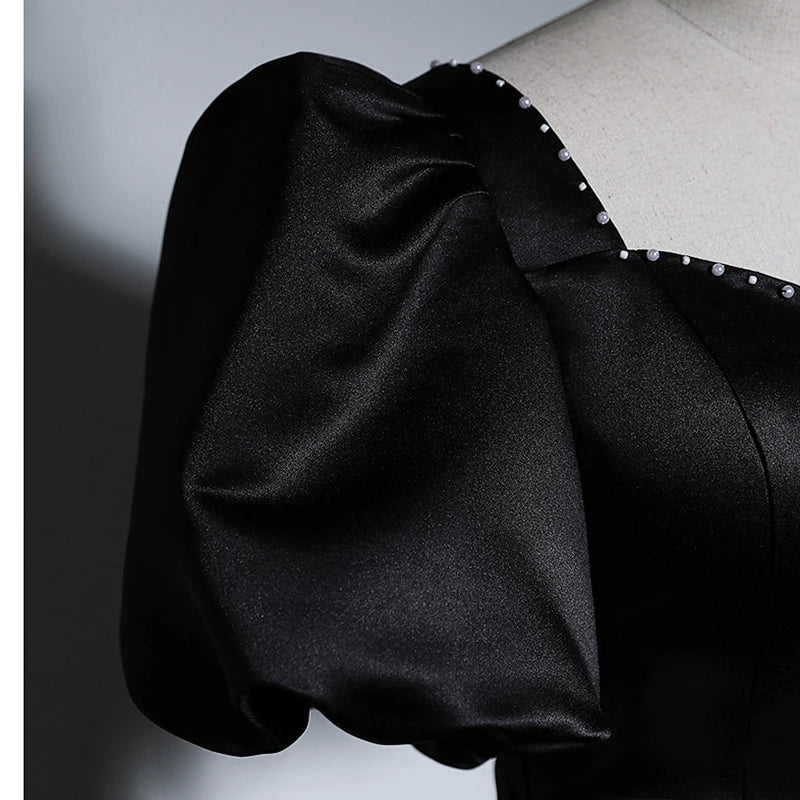 BXOXO Elegant Satin Black Evening Dresses Beaded Ruched Sweetheart Short Sleeves Formal Party Gowns Long Prom Dresses Robe De Soirée