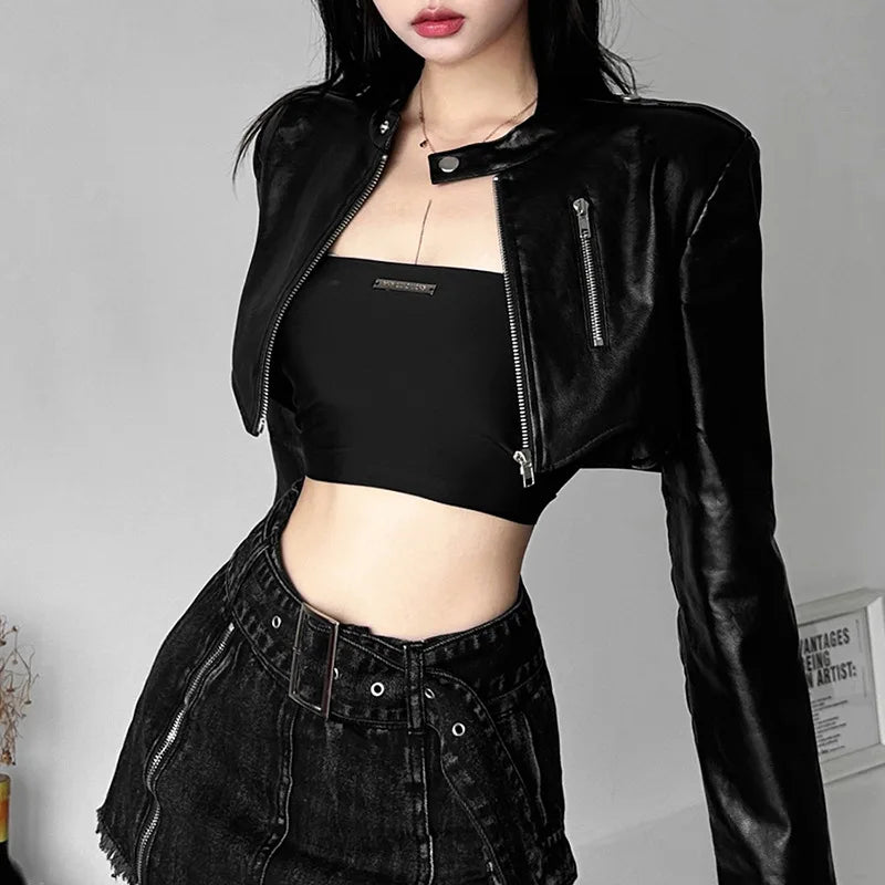 BXOXO Autumn New Vintage Classic Black Hottie Mysterious All-Match Casual High Street Cool Confident Women's Matte Jacket