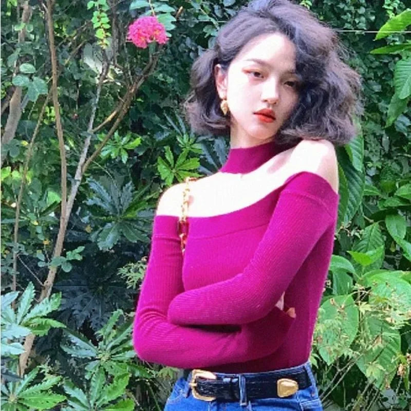 Bxoxo Sexy Halter Sweater Slash Neck Off  Shoulder Pullovers Spring Autumn Women Tops Knitted Korea Style Blue Rose White Black White
