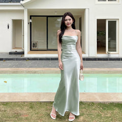 Bxoxo French Elegant Satin Camis Dress Summer Sexy Backless Spaghetti Straps Midi Dress Y2K Solid Sleeveless Party Night Vestidos