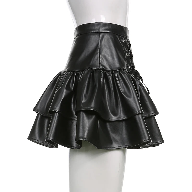 Bxoxo PU Leather Mini Skirts Punk Style High Waist Lace Up Bandage Black Pleated Skirt Streetwear Girls Dark Academia Clothes