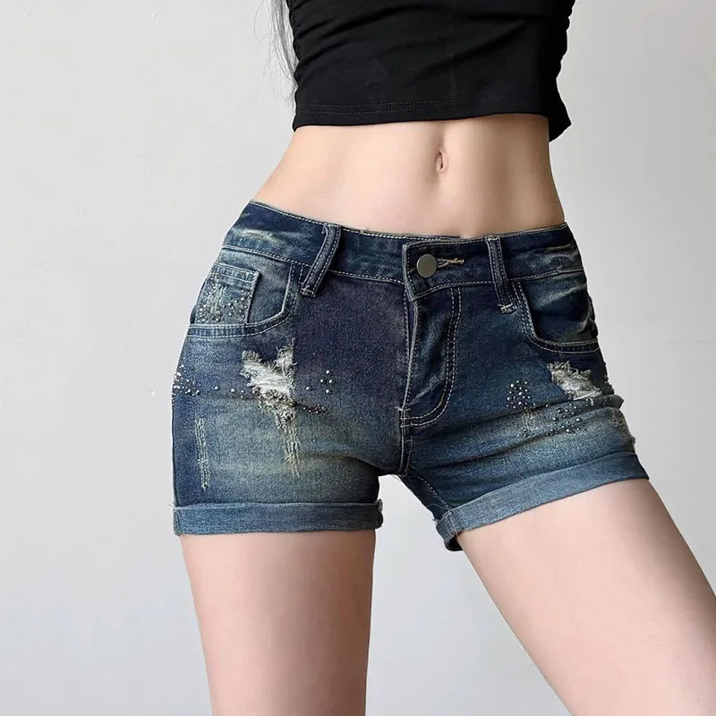 Bxoxo Summer Women Hole Denim Shorts Y2K Sexy Low Waist Slim Hot Rhinestones Short Jeans Women Retro Streetwear Roll Up Hem Shorts