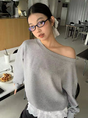 Bxoxo Y2K Sexy Slash Neck Women Hoodie Autumn New Loose Lazy Style Casual Tops Korean Chic 100% Cotton Long Sleeve Sweatshirt