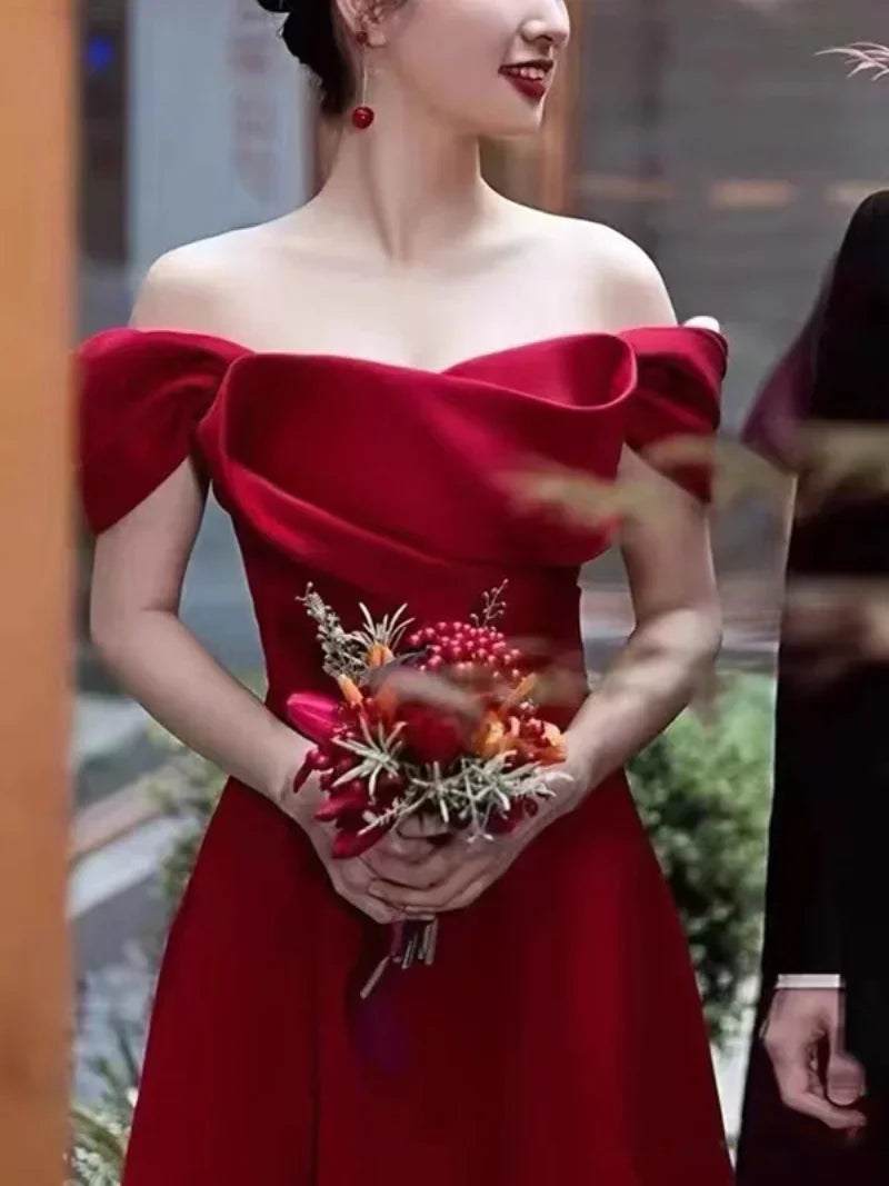 BXOXO prom dresses 2025 Customized Red Satin Wedding Dress Women Boat Neck Off The Shoulder Pleated Evening Dresses Elegant Simple Sleeveless A-Line