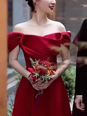 BXOXO prom dresses 2025 Customized Red Satin Wedding Dress Women Boat Neck Off The Shoulder Pleated Evening Dresses Elegant Simple Sleeveless A-Line
