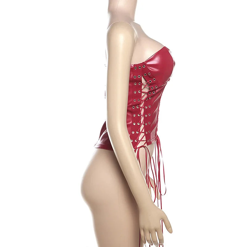 Bxoxo Sexy Gothic Women PU Leather Corsets Bustiers Lace-up Bandage Crown Girdle Slim Waist Back Zipper Strap Corset Tops Curve Shaper