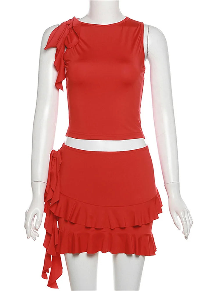BXOXO Vacation Women 2 Piece Set Double-Deck Pleated Tassel Mini Skirt+Bandage Tank Top Festival Party Sexy Matching Outfits