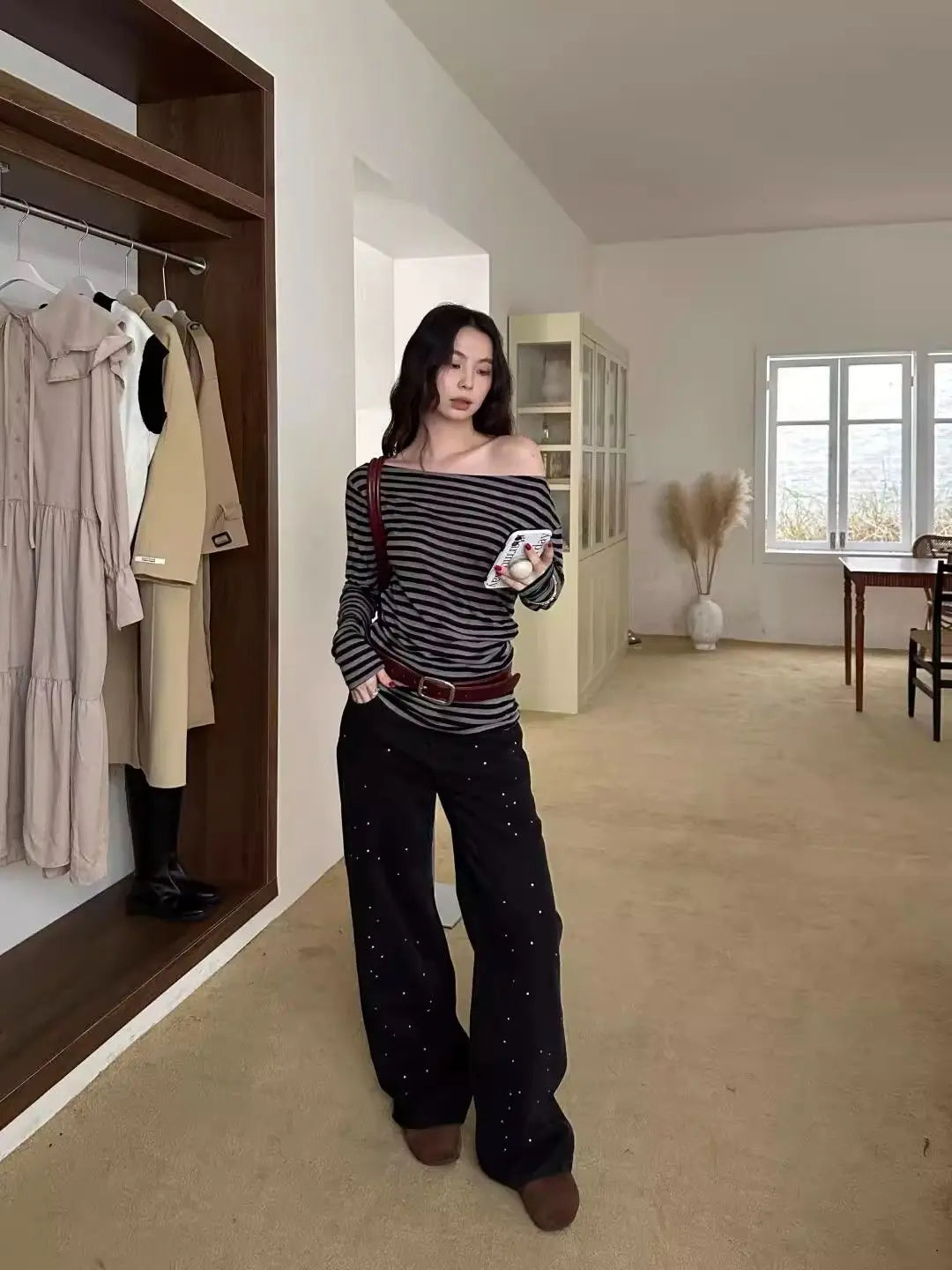 Bxoxo Vintage Striped Women T-Shirts Skew Collar Off Shoulder Long Sleeve American Retro Tees Slim Casual Streetwear Spring