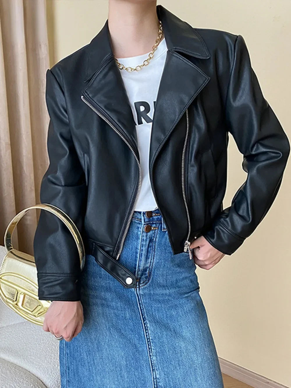 BXOXO Stand Collar Zipper Leather Jackets Motorcycle PU Coats Women Autumn Street Long Sleeve Cropped Coat New in Outerwears