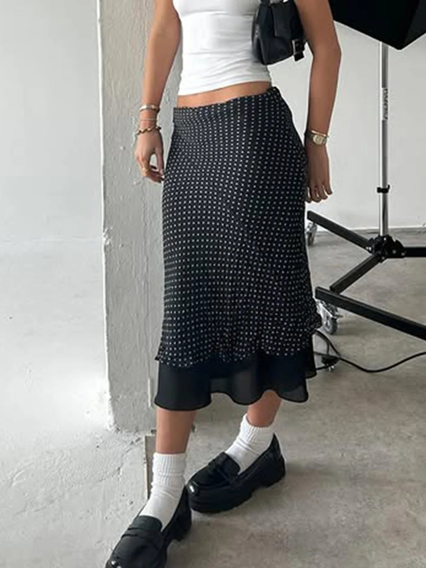 Bxoxo Polka Dot Mesh Long Skirt Summer Fashion Clashing Patchwork Slim Long Skirt Women Elegant Vintage Y2k Loose Long Skirt