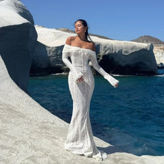 BXOXO  White Off The Shoulder Bodycon Dress New in Flare Sleeve Elegant Lace Maxi Dress Wedding Guest Dress for Women