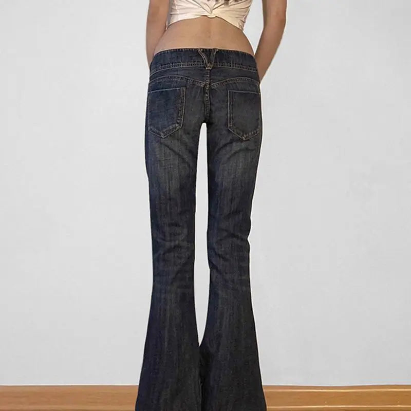 Bxoxo Vintage Washed Basic Flared Jeans Women Low Waist American Style Slim Denim Pants Button-up Trousers Casual Aesthetic