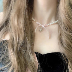 BXOXO Bow Love Cross Imitation Pearl Pendant Necklace for Women French Romantic Sweet Lolita Clavicle Chain Harajuku Fashion Jewelry