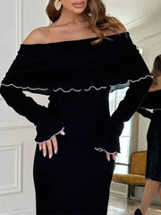 BXOXO Autumn Black Dress For Women New Long Sleeves Slash neck Bodycon Fashion Sexy Stralght Dress Casual Party Club Elegant Dresses