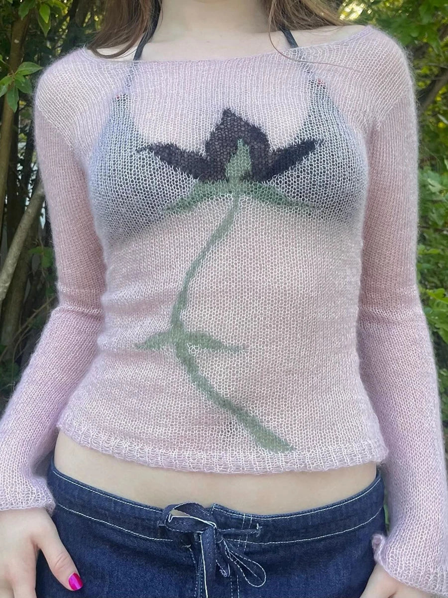 BXOXO Vintage Y2K Knitted Sweater Flower Aesthetics Graphic Print Pullover Tops Long Sleeve Slim 2000s Harajuku Sweater Top Streetwear