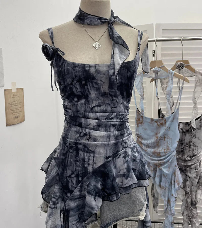 BXOXO Women's Vintage Tie-dye Printed Mesh Spaghetti Strap Camisole Hot Girl Irregular Ruffled Ribbon Sleeveless Top Partyclub 1185