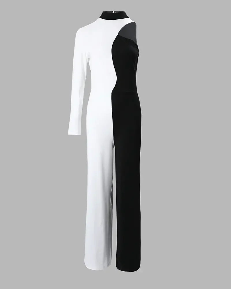 BXOXO Colorblock One Shoulder Long Sleeve Jumpsuit Sexy Skinny Jumpsuit Women Sexys Female One-pieces New Fashion Rompers