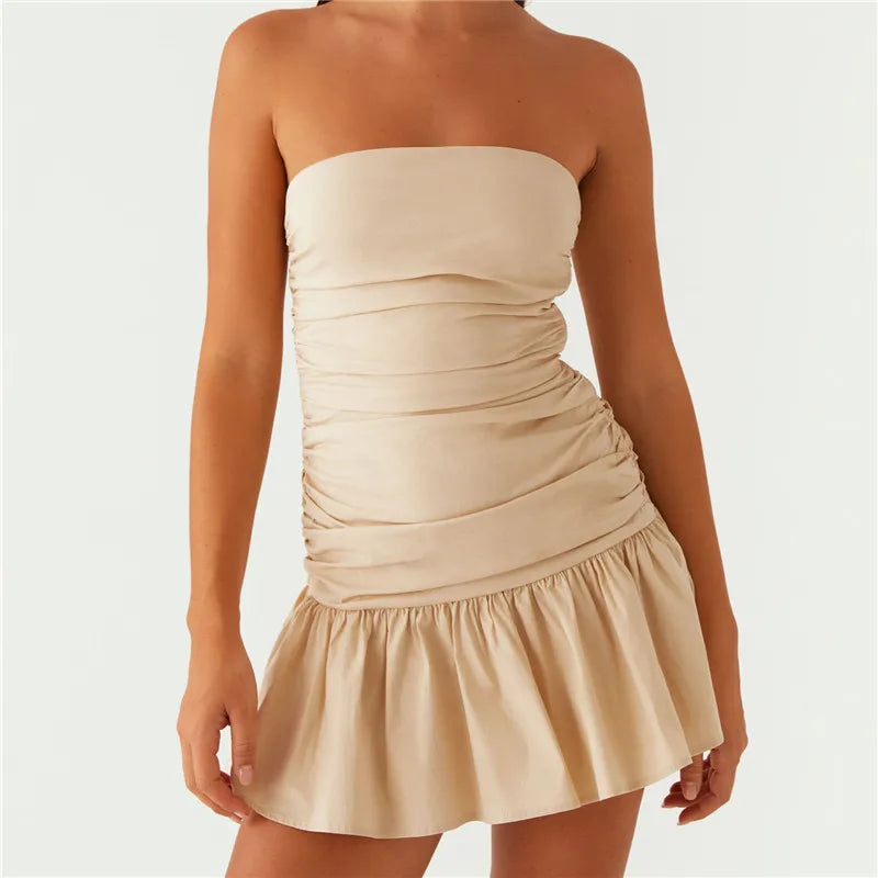 BXOXO Fashion Women's Ruched Tube Top Dress Vintage Holiday Strapless Sleeveless Slim Fit Flare Dress Summer Clubbing Dress