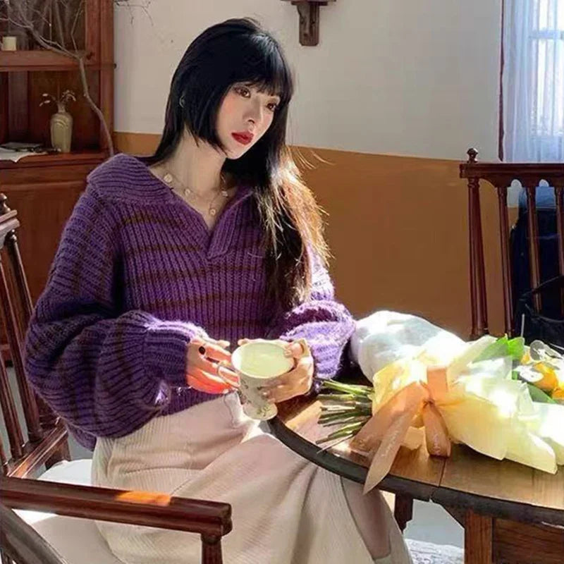 Bxoxo Vintage Striped Cropped Sweater Women Fall Winter Korean Preppy Knit Jumper Female Loose Long Sleeve Turndown Collar Pullovers