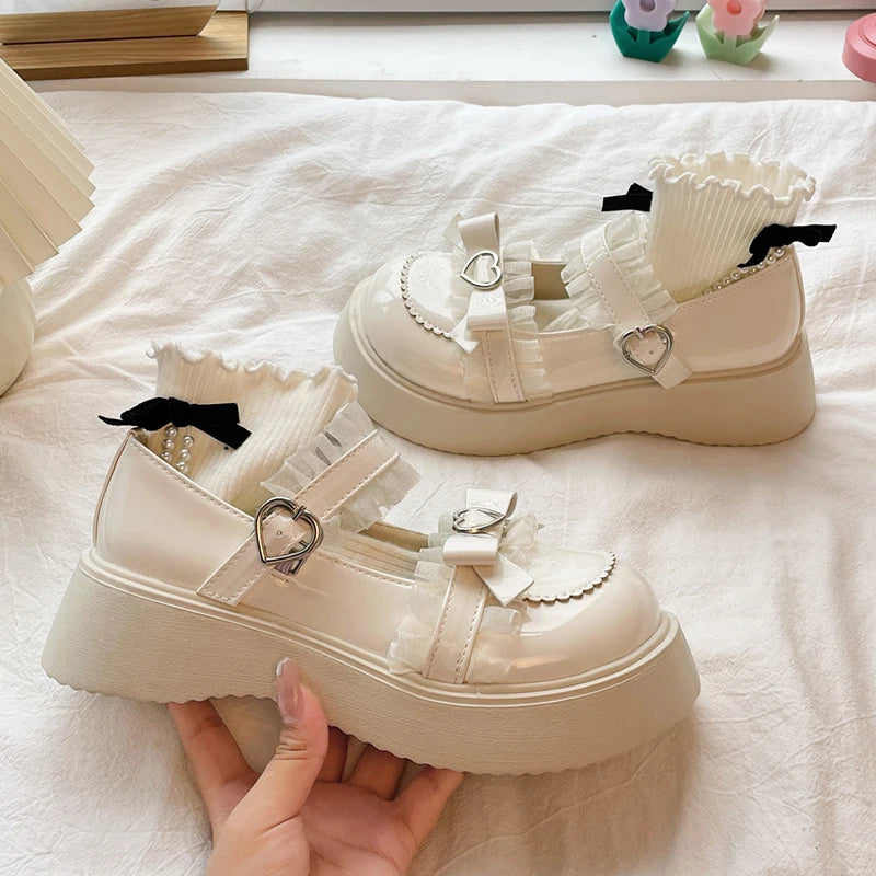 BXOXO Sweet Lace Bowknot Lolita Shoes Women Heart Buckle Platform Mary Janes Woman Cute Thick Bottom Non-slip JK Shoes