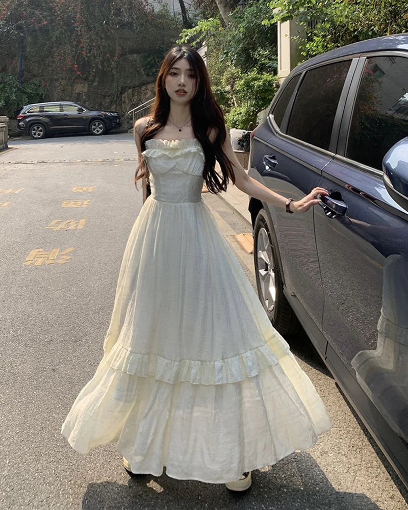 Bxoxo Vintage Ruffle Dress Women Korean Solid Sweet Elegant Preppy Midi Dress Summer Casual Sleeveless Spaghetti Straps A Line Dress