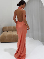 BXOXO Backless Dress Women Halter Swing Collar Sleeveless Skinny Stretch Robe Midnight Sexy Prom Party Elegant Long Bodycon