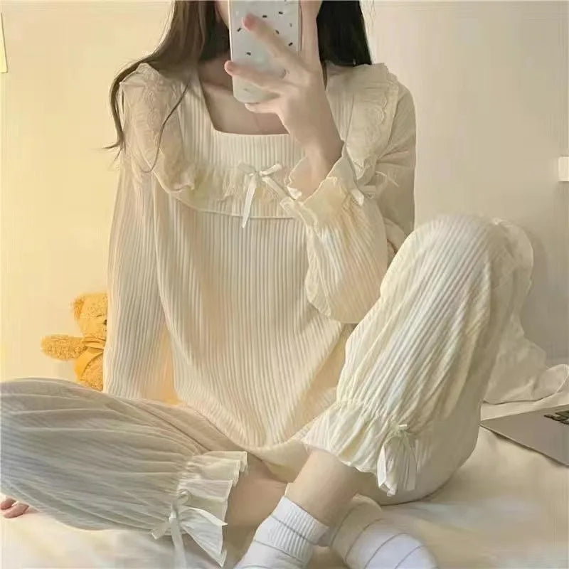 Bxoxo Pajamas Female 2 Sets Of Homewear Girls Spring And Autumn Long-Sleeved Trousers Sweet Student Princess Style Cute Homewear Set