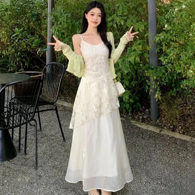 Bxoxo French Elegant Camis Dress for Women Fashion Lace Patchwork Irregular Midi Dress Summer New Beach Vacation Embroidered Vestidos