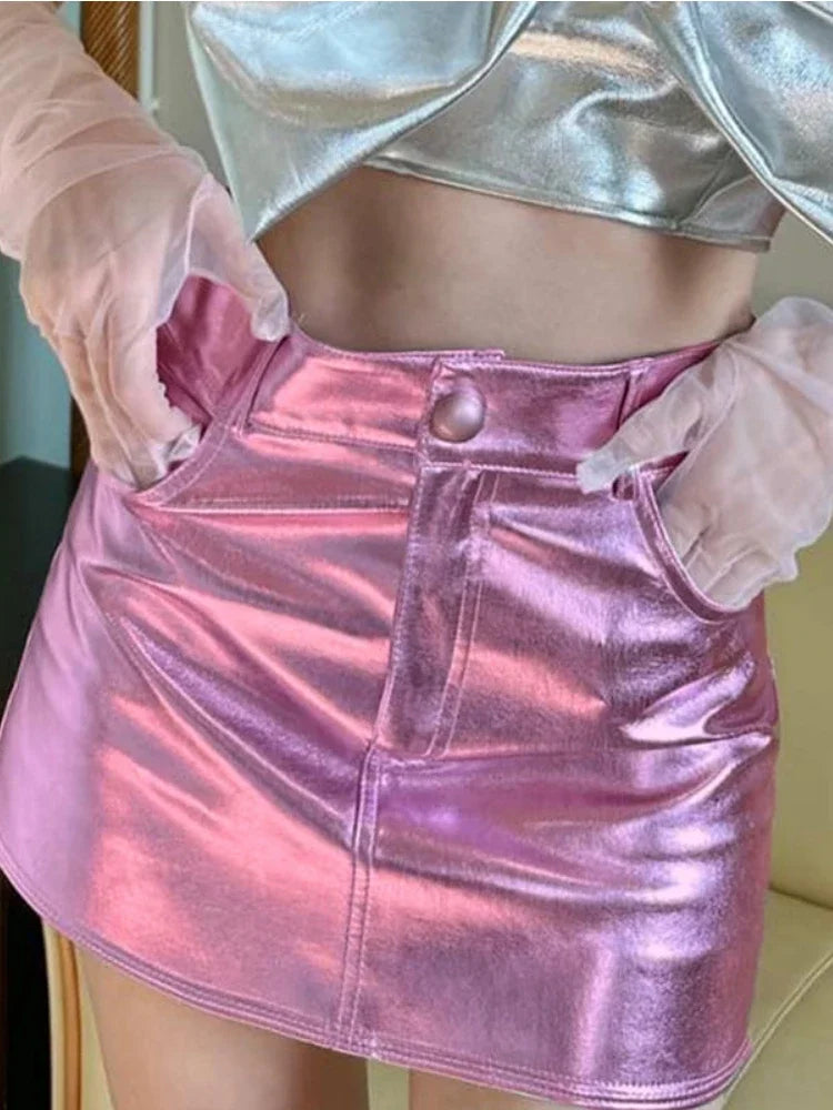 Bxoxo Summer Autumn Pink Silver Reflective Shiny Patent Leather Mini Skirts for Women High Waist A Line Short Sexy Y2K Clothes