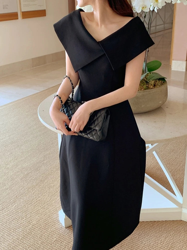 Bxoxo Long V-Ne Bla Dr Women's Korean Sle A-Line Skirt High Waist Summer New Faion mat Casual Dr
