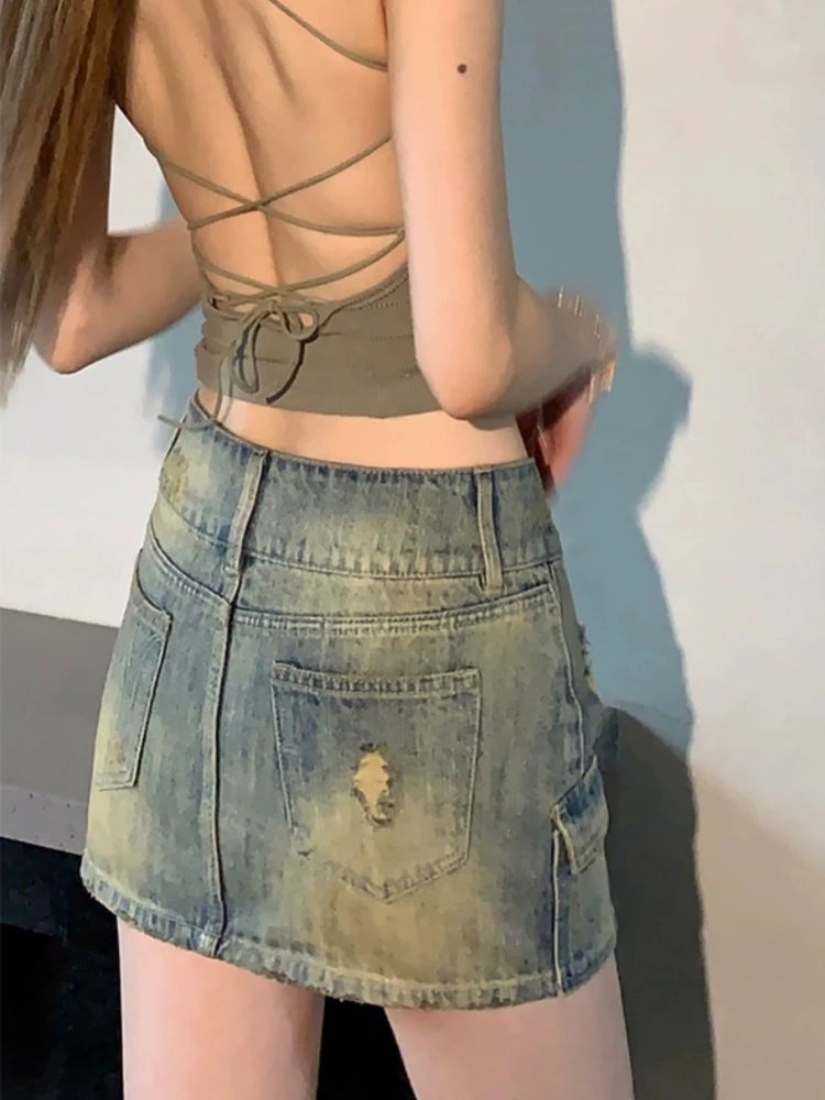 Bxoxo Vintage Denim Mini Skirt Women Trashy Y2k 2000s Low Waist Sexy Star Rivet Distressed Slim Pencil Skirt Gyaru Streetwear