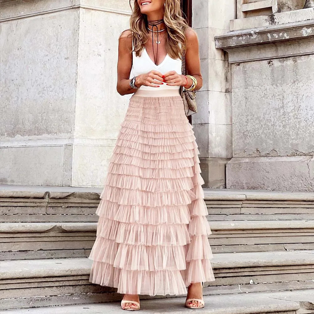 Bxoxo Casual Womens Solid Ball Gown Long Skirt Tulle High Waist Pleated Tutu Skirt Elegant Ladies Wild Mesh Dating Maxi Skirts Drop