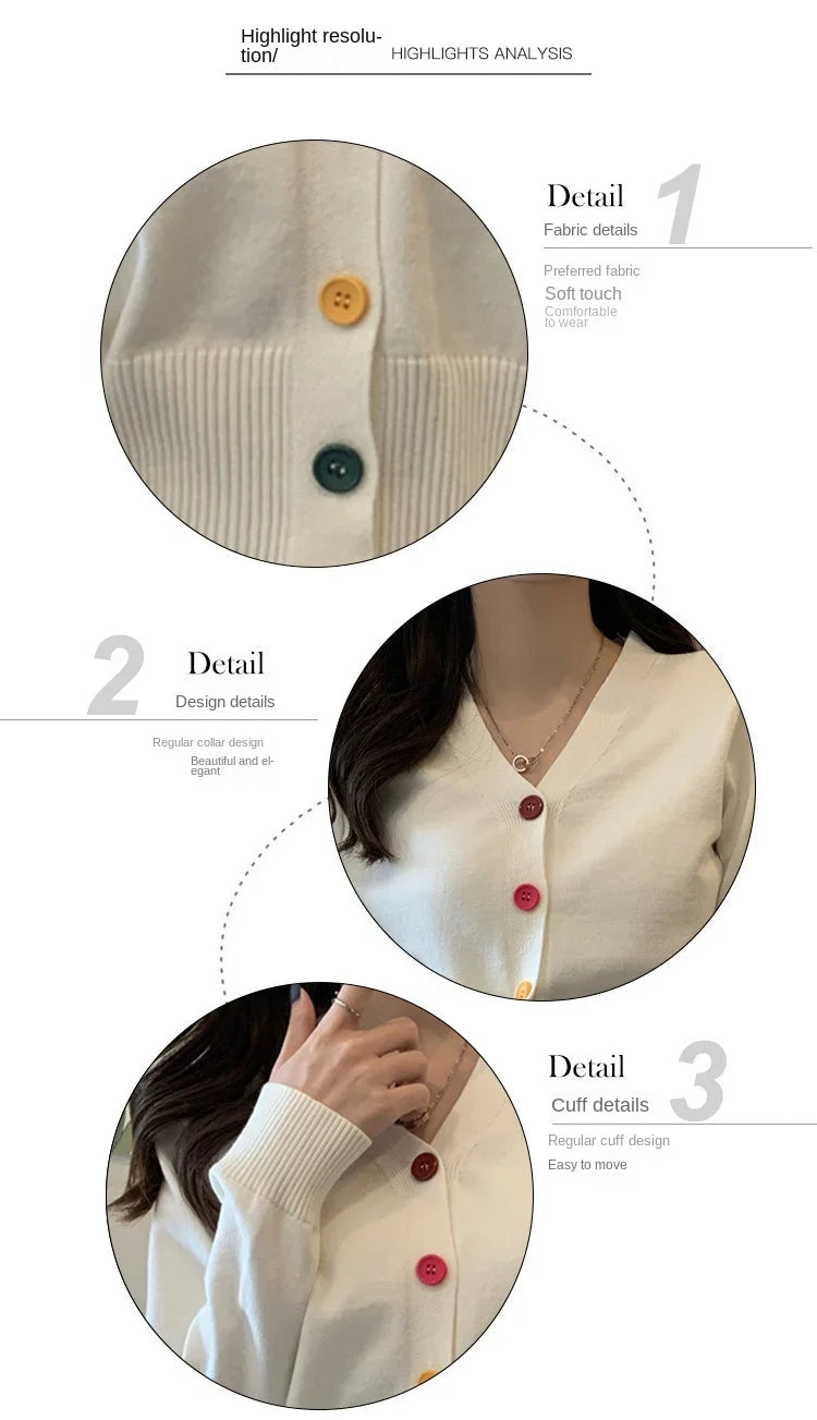 Bxoxo Autumn and Winter Little Fresh Colorful Buttons Younger Slim-Fit Slimming V-Collar Cardigan Long-Sleeved Sweater Top for Women