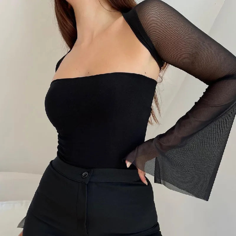 Bxoxo Aesthetic Vintage Women 2 Piece Sets Green Strapless Tank Top With Sexy Mesh Sheer Flare Long Sleeve Shawl Street Outfit