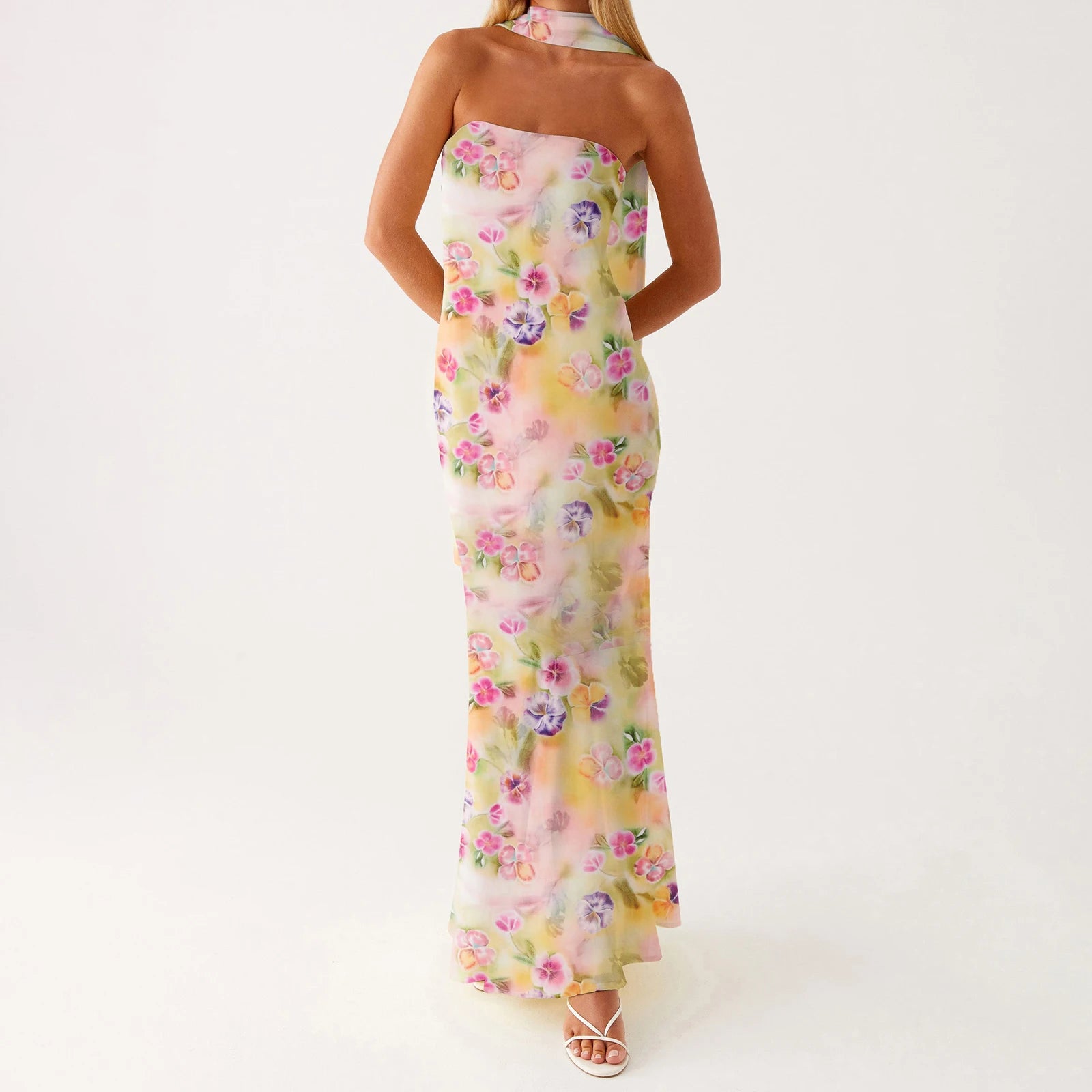 BXOXO Women Flower Tube Top Dress Slim Off Shoulder Sleeveless Long Bodycon Dress with Scarf Summer Formal Party Sundress