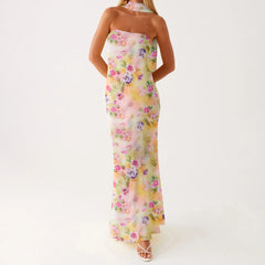 BXOXO Women Flower Tube Top Dress Slim Off Shoulder Sleeveless Long Bodycon Dress with Scarf Summer Formal Party Sundress