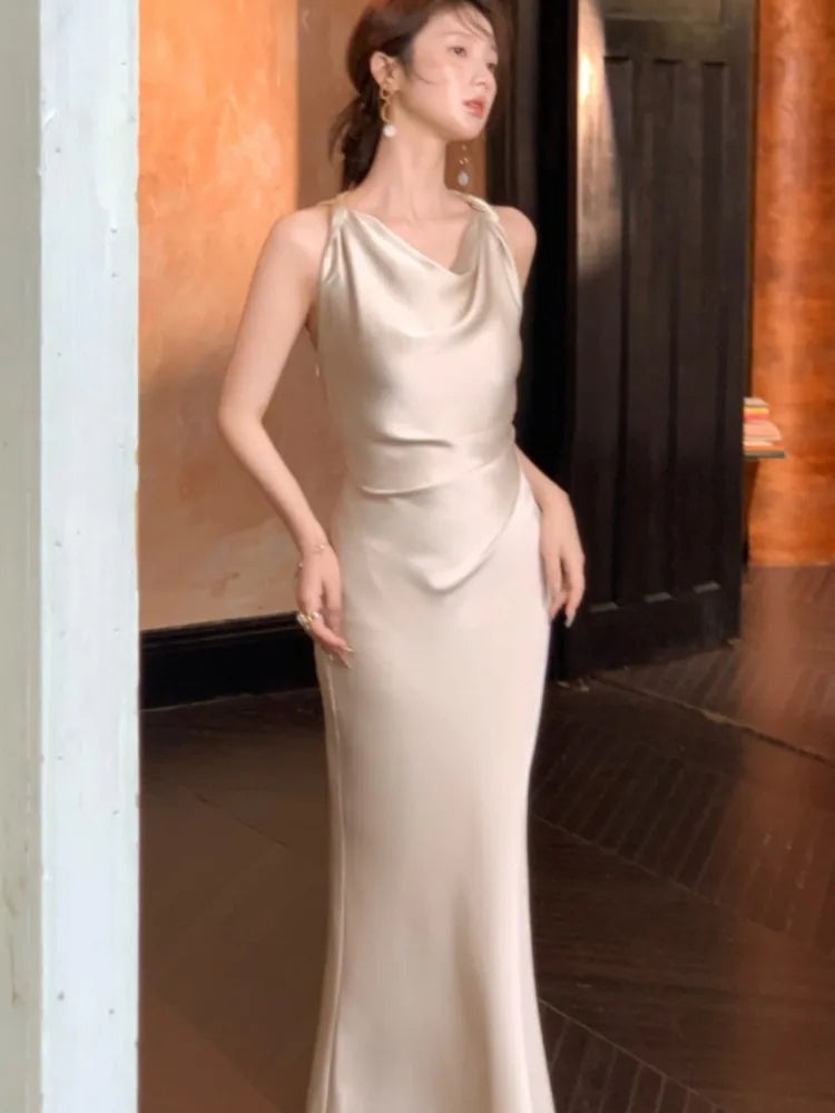 Bxoxo Women's Elegant Summer Party French Dresses Sexy Satin Swing-Collar Slim Bodycon Evening Mermaid Dress Chic Prom Female Clothes