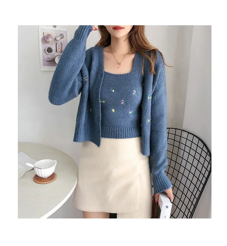 Bxoxo Two-piece Top Suit Flower Embroidered Knitted Korean Style Cardigan Autumn Fashion Sling Sweater Slim Sweet Jacket Sets