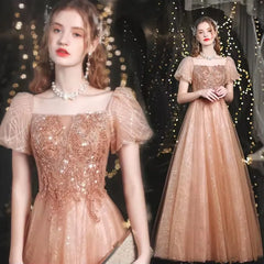 BXOXO Elegant Party Dress Square Collar Short Sleeve Slim Banquet Dresses Women Sexy Backless Evening Dress Gold Puffed Sleeve