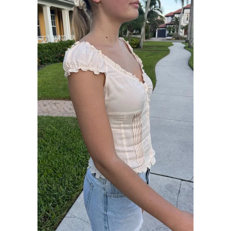 Bxoxo y2k Tank Top Women Summer Clothes Solid Color Cap Sleeve Button Down Slim Fit Frill T Shirt 2000s Vest Streetwear