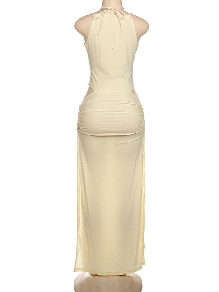 BXOXO Hollow Thin Sexy Women Dress Y2K Side Shirring Hollow Sleeveless Bandage Summer Trend Waistless Clubwear Maxi Bodycon