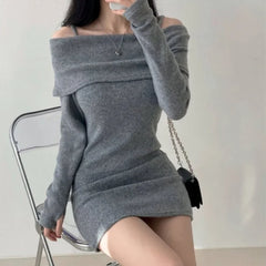 BXOXO Chic Korean Style Knitted Mini Dress Shoulder Baring Scoop Neck Slim Fit Ribbed Short Skirt For Women Autumn Winter Collection