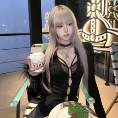 BXOXO Black V-neck Lace Patchwork Tops Mujer Sexy Hollow Out Slim Fit T-shirt for Women 2025 Autumn New Long Sleeve Tee Shirt