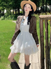 Bxoxo Woman Vintage Korean Short Dress Ruffles Asymmetrical Slim Waist White Long Sleeves Vestidos 2025 New Holiday Casual Dresses