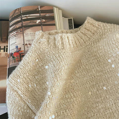 Bxoxo Sequins Knitted Sweaters for Women Autumn Loose Thick Long Sleeve Crop Pullover Female Korean All Match O Neck Jumper Mujer