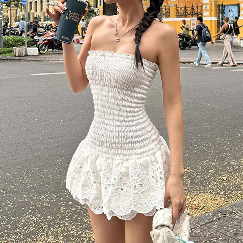 BXOXO Holiday Elastic Slim-fitting Dress Elegant Patchwork Strapless Tube Dresses for Women Vintage 2000s Clothing Casual Basic