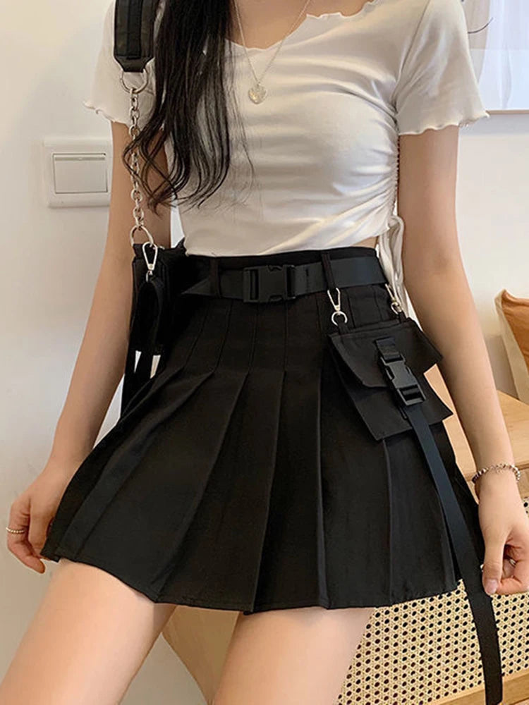 Bxoxo Harajuku Belt Pleated Cargo Skirt Women Fashion Gothic High Waist Pocket Mini Skirts Fashion Summer Lady A Line Black Skirt